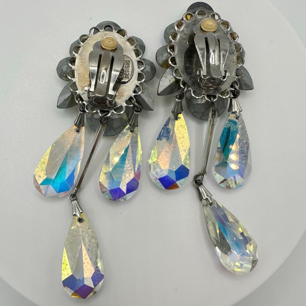 Eva K. silver tone AB aurora borealis glass rhinestones dangle clip on earrings - Picture 7 of 8